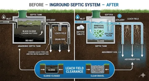 Diagram of an in-ground septic tank with sludge, scum and a drain field, before and after treatment