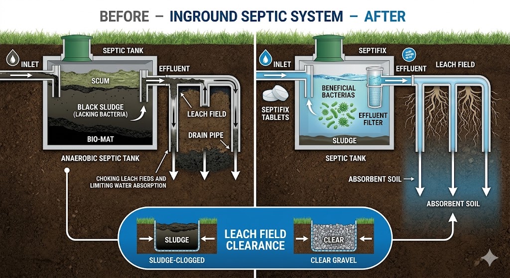 Septic Tank Before and After Septifix: Sludge Reduction and Leach Field Clearance Diagram