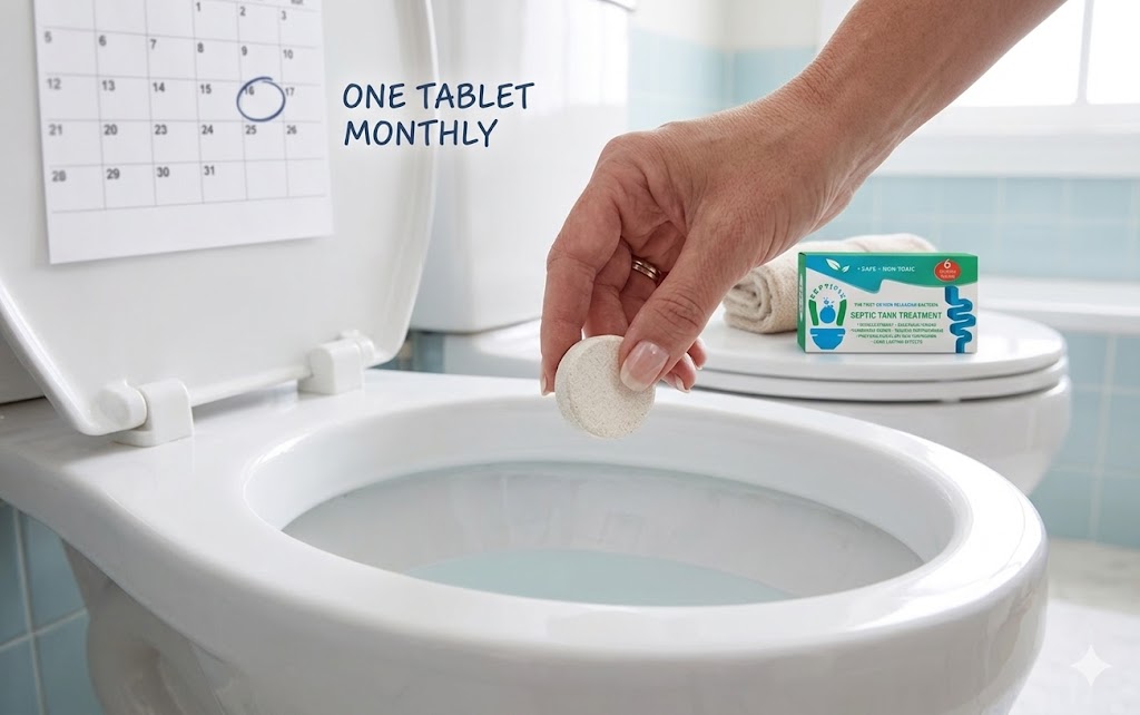 Homeowner flushing a Septifix tablet down the toilet